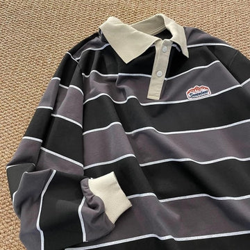 Wiaofellas New Striped POLO Shirt Top Women Japan Retro Long-sleeved Men Loose Trend Couple BF Lapel Sweatshirt Hip Hop Cool Shirts